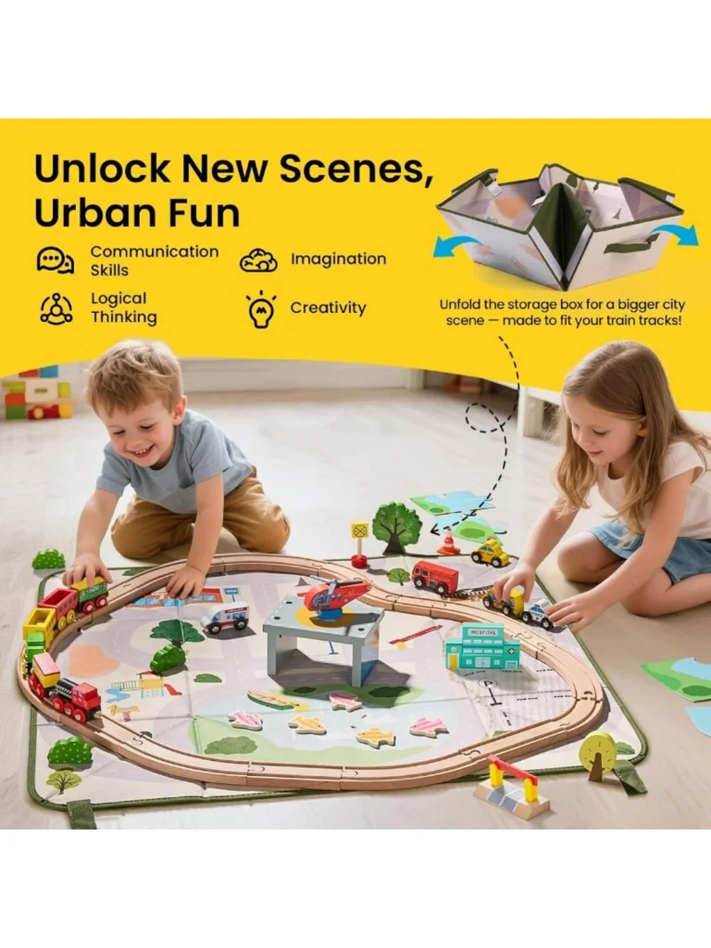 110pcs Wooden Train Set with Folding Storage Box - Educational Toy for Kids